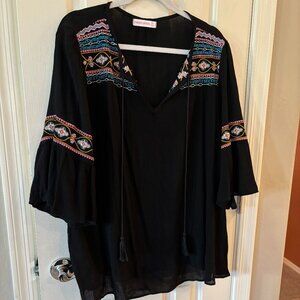 NWOT Women's Boho Blouse, Size 2X, Black with Bright Color Accents